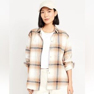Old Navy Plaid Flannel Boyfriend Button-Down Shirt cream brown black plaid XXL